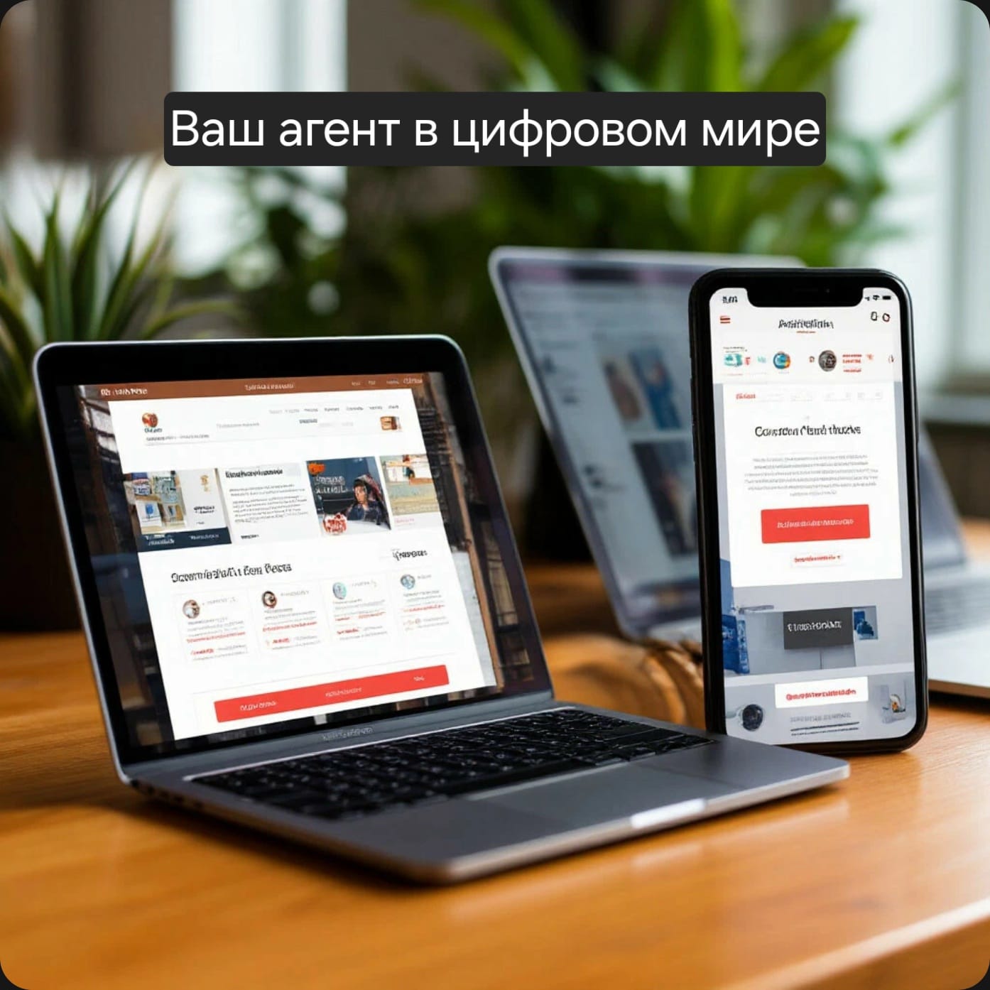 Фото с ноутбуком и смартфоном как визуальный акцент первого экрана